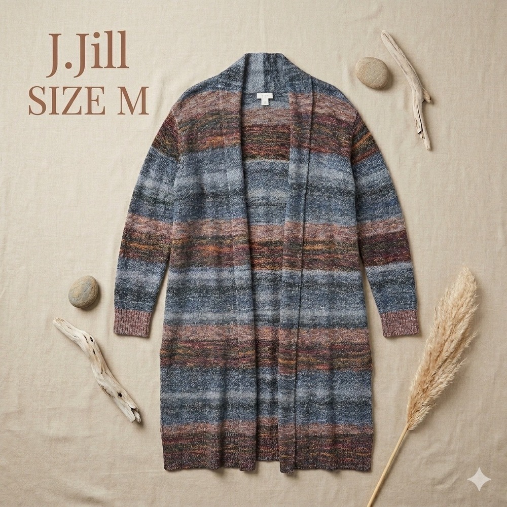 J.Jill Earth Tone Space Dye Open Front Long Duster Cardigan Sweater M